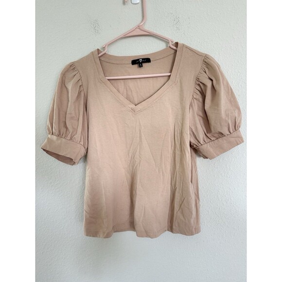 Seven for all Mankind Shirt Size Small Tan Ruched Puff Sleeve V Neck Casual Top - Picture 1 of 6